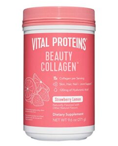 vital proteins beauty collagen peptides powder supplement for women, 120mg of hyaluronic acid – 15g of collagen per serving – enhance skin elasticity and hydration – strawberry lemon – 9.6oz canister
