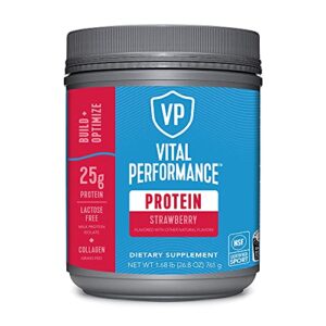 Vital Performance Protein Powder, 25g Lactose-Free Milk Protein Isolate Casein & Whey Blend Protein Powder with 10g Grass-Fed Collagen Peptides, 8g EAAs, 5g BCAAs, Gluten-Free - Strawberry, 1.68lb