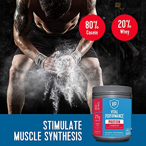 Vital Performance Protein Powder, 25g Lactose-Free Milk Protein Isolate Casein & Whey Blend Protein Powder with 10g Grass-Fed Collagen Peptides, 8g EAAs, 5g BCAAs, Gluten-Free - Strawberry, 1.68lb