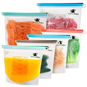 reusable silicone food storage bags 6 pcs [2×1.5l+4x1l] with separate hermetic lid – leak proof freezer zip lock bags for snack/sandwich/fruit/meat/cereal – white