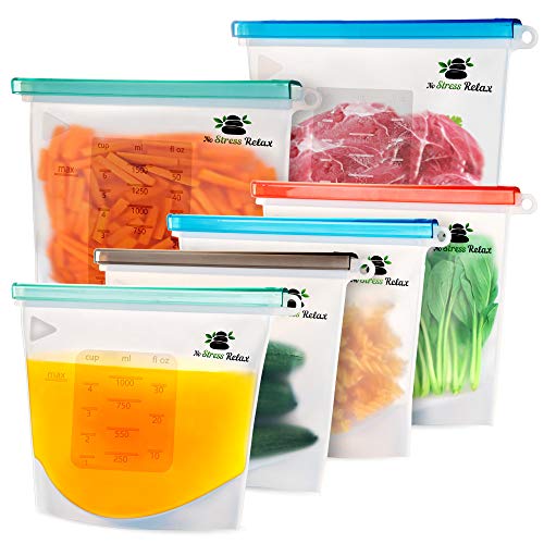 Reusable Silicone Food Storage Bags 6 Pcs [2x1.5L+4x1L] With Separate Hermetic Lid - Leak Proof Freezer Zip Lock Bags For Snack/Sandwich/Fruit/Meat/Cereal – White