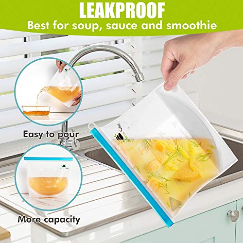 Reusable Silicone Food Storage Bags 6 Pcs [2x1.5L+4x1L] With Separate Hermetic Lid - Leak Proof Freezer Zip Lock Bags For Snack/Sandwich/Fruit/Meat/Cereal – White