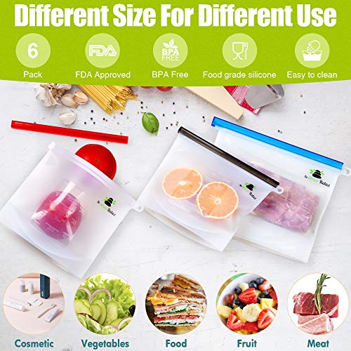 Reusable Silicone Food Storage Bags 6 Pcs [2x1.5L+4x1L] With Separate Hermetic Lid - Leak Proof Freezer Zip Lock Bags For Snack/Sandwich/Fruit/Meat/Cereal – White