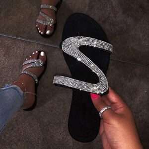 Masbird Sandals for Women Summer Casual Boho Roman Flats Flip Flops Crystal Comfortable Fashion Casual Shoes Silver