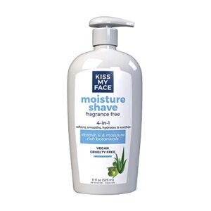 kiss my face fragrance free moisture shave, 4 in 1 shaving cream, cruelty free and vegan, with added olive oil and aloe leaf extract, vitamin e rich, 11 fl oz pump bottle