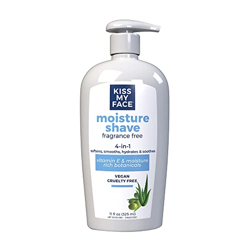 Kiss My Face Fragrance Free Moisture Shave, 4 In 1 Shaving Cream, Cruelty Free And Vegan, With Added Olive Oil And Aloe Leaf Extract, Vitamin E Rich, 11 fl Oz Pump Bottle