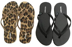 (10, small leopard and black with carrying bag) old navy flip flop sandals for woman, great for beach or casual wear