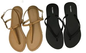 old navy ( 8 faux-leather camel t-strap sandals & black flip flops