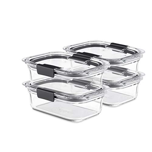 Rubbermaid Brilliance Glass Storage Set of 4 Food Containers, Clear & Brilliance Glass Storage 3.2-Cup Food Containers with Lids, 4-Pack (8 Pieces Total), BPA Free and Leak Proof, Medium, Clear