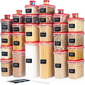 largest set of 60pc airtight food storage containers (30 container set) airtight plastic dry food space saver organizer, one lid fits all -stackable freezer refrigerator kitchen storage containers red