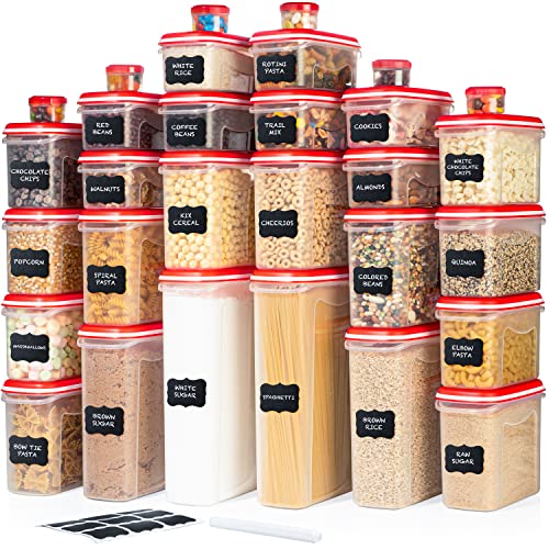 LARGEST Set of 60Pc Airtight Food Storage Containers (30 Container Set) Airtight Plastic Dry Food Space Saver Organizer, One Lid Fits All -Stackable Freezer Refrigerator kitchen Storage Containers RED