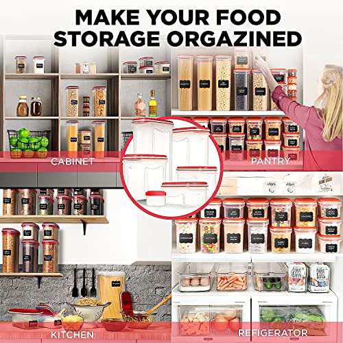 LARGEST Set of 60Pc Airtight Food Storage Containers (30 Container Set) Airtight Plastic Dry Food Space Saver Organizer, One Lid Fits All -Stackable Freezer Refrigerator kitchen Storage Containers RED