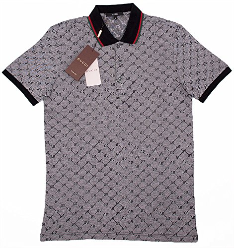 Gucci Polo Shirt, Mens Gray Short Sleeve Polo T- Shirt GG Print (L)