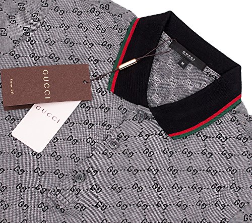 Gucci Polo Shirt, Mens Gray Short Sleeve Polo T- Shirt GG Print (L)