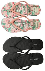 old navy women beach summer casual flip flop sandals (10 flamingo logo & black flip flops) with dust cover