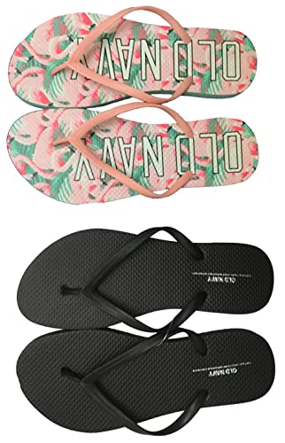 Old Navy Women Beach Summer Casual Flip Flop Sandals (10 Flamingo Logo & Black Flip Flops) with Dust Cover