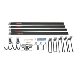 rubbermaid 15-piece fasttrack garage wall-mounted storage kit, 4 rails and 11 hooks, for home/house/tool/sports/equipment/utility purposes