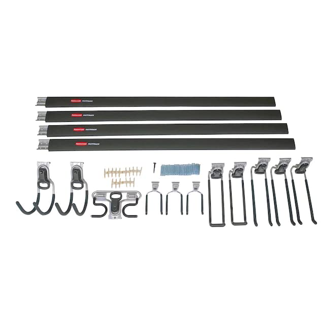 Rubbermaid 15-Piece FastTrack Garage Wall-Mounted Storage Kit, 4 Rails and 11 Hooks, for Home/House/Tool/Sports/Equipment/Utility Purposes