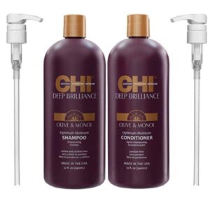 chi deep brilliance olive & monoi optimum moisture shampoo & conditioner with 2 pumps 32oz bundle