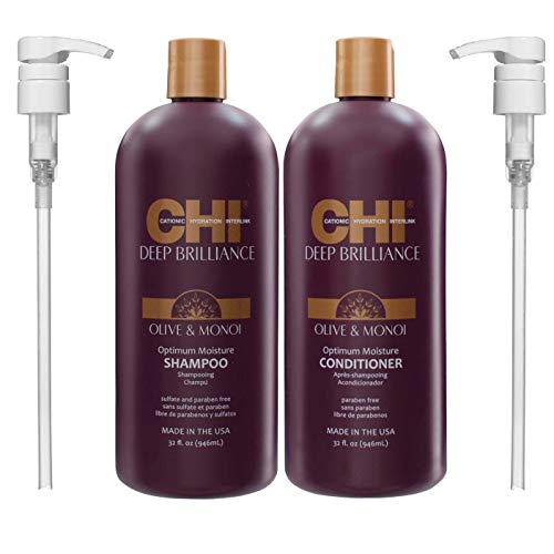 CHI Deep Brilliance Olive & Monoi Optimum Moisture Shampoo & Conditioner with 2 Pumps 32oz Bundle