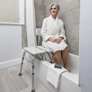 Drive Medical Splash Defense Senior Elderly Reversible Hospice Nursing Home Shower Bathtub Transfer Bench with Curtain Guard, White