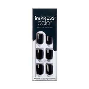 kiss impress color press-on nails, gel nail kit, purefit technology, short length, “all black”, polish-free solid color manicure, includes prep pad, mini nail file, cuticle stick, and 30 fake nails