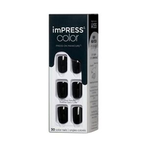 KISS imPRESS Color Press-On Nails, Gel Nail Kit, PureFit Technology, Short Length, “All Black”, Polish-Free Solid Color Manicure, Includes Prep Pad, Mini Nail File, Cuticle Stick, and 30 Fake Nails