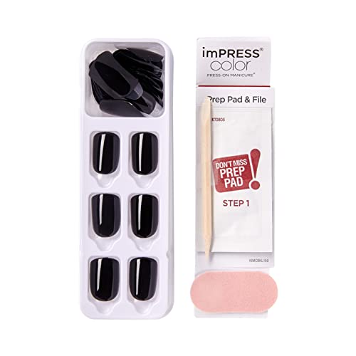 KISS imPRESS Color Press-On Nails, Gel Nail Kit, PureFit Technology, Short Length, “All Black”, Polish-Free Solid Color Manicure, Includes Prep Pad, Mini Nail File, Cuticle Stick, and 30 Fake Nails
