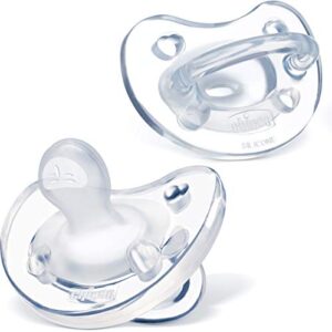chicco physioforma 100% soft silicone one piece pacifier for babies 0-6m, clear, orthodontic nipple, bpa-free, 2-count in sterilizing case