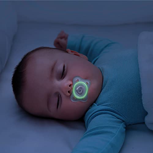 Chicco PhysioForma Silicone Mini Glow in The Dark Pacifier in Clear for Babies 2-6m, Orthodontic Nipple, BPA-Free, 2-Count in Sterilizing Case