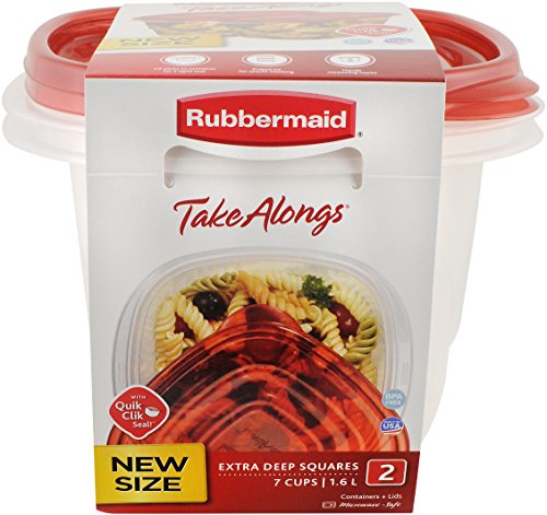 Rubbermaid TakeAlongs Deep Squares Food Storage Containers, 7 Cup, Chili Tint, 2 Pack