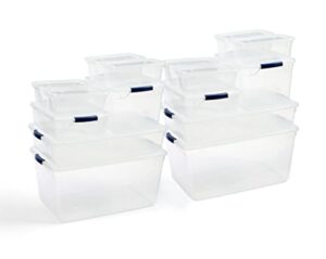 rubbermaid cleverstore clear variety pack, clear plastic storage bins with built-in handles to maximize storage, great for large and small items, 16pk