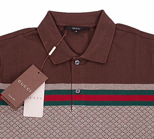 Gucci Mens Polo Shirt Brown with Diamante Print and Front Stripe Signature (XL)