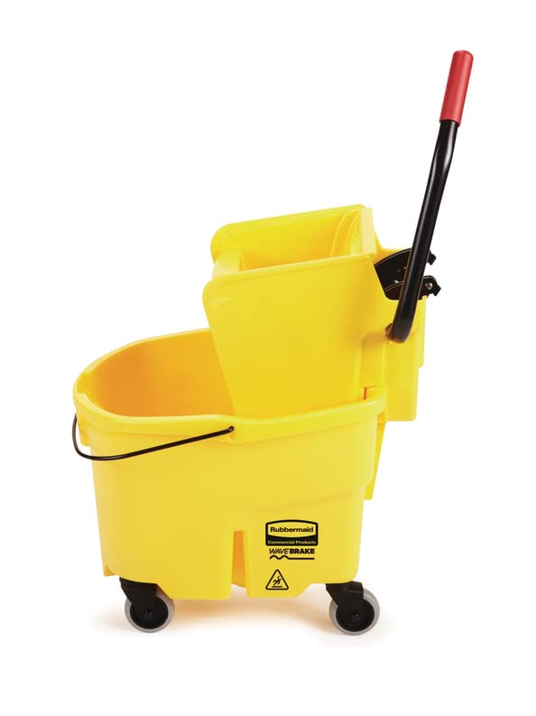 Rubbermaid Commercial Products WaveBrake 26 Qt. Side-Press Mop Bucket and Wringer Combo on Wheels, Yellow, for Professional/Industrial/Business Heavy-Duty Floor Cleaning/Mopping