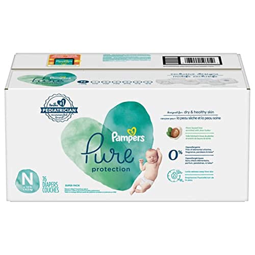 Diapers Size 0/Newborn, 76 Count - Pampers Pure Protection Disposable Baby Diapers, Hypoallergenic and Unscented Protection, Super Pack (Packaging & Prints May Vary)