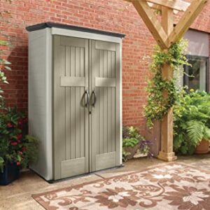 Rubbermaid Outdoor Small Vertical Resin Storage Shed, 5x2 Feet, Brown, Weather Resistant Utility Shed with Lock for Storage for Lawn Accessories/Power Tools/Outdoor Toys/Hose