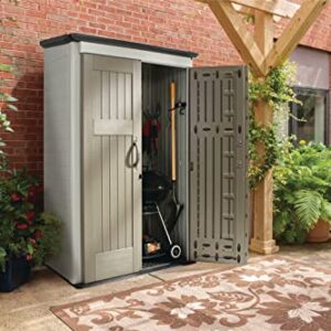 Rubbermaid Outdoor Small Vertical Resin Storage Shed, 5x2 Feet, Brown, Weather Resistant Utility Shed with Lock for Storage for Lawn Accessories/Power Tools/Outdoor Toys/Hose