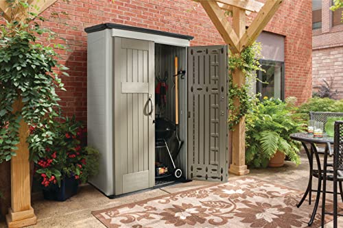 Rubbermaid Outdoor Small Vertical Resin Storage Shed, 5x2 Feet, Brown, Weather Resistant Utility Shed with Lock for Storage for Lawn Accessories/Power Tools/Outdoor Toys/Hose