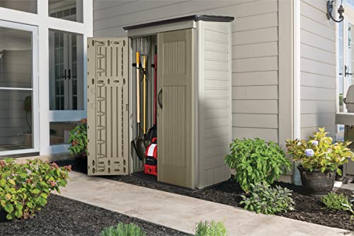 Rubbermaid Outdoor Small Vertical Resin Storage Shed, 5x2 Feet, Brown, Weather Resistant Utility Shed with Lock for Storage for Lawn Accessories/Power Tools/Outdoor Toys/Hose