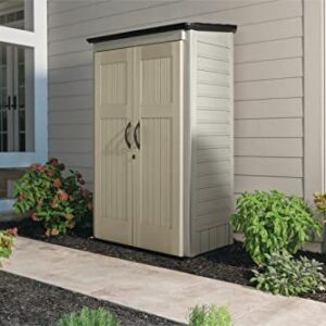 Rubbermaid Outdoor Small Vertical Resin Storage Shed, 5x2 Feet, Brown, Weather Resistant Utility Shed with Lock for Storage for Lawn Accessories/Power Tools/Outdoor Toys/Hose