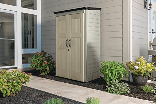 Rubbermaid Outdoor Small Vertical Resin Storage Shed, 5x2 Feet, Brown, Weather Resistant Utility Shed with Lock for Storage for Lawn Accessories/Power Tools/Outdoor Toys/Hose