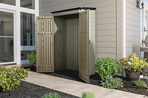 Rubbermaid Outdoor Small Vertical Resin Storage Shed, 5x2 Feet, Brown, Weather Resistant Utility Shed with Lock for Storage for Lawn Accessories/Power Tools/Outdoor Toys/Hose