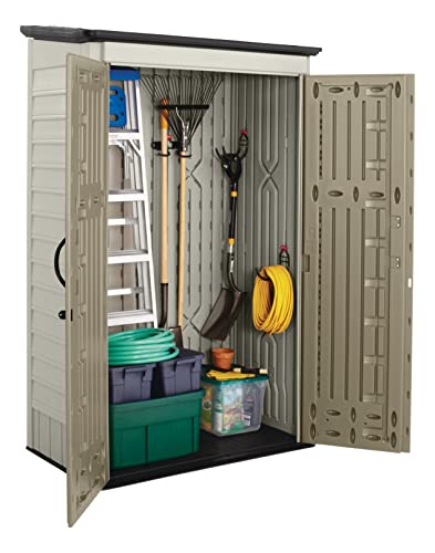 Rubbermaid Outdoor Small Vertical Resin Storage Shed, 5x2 Feet, Brown, Weather Resistant Utility Shed with Lock for Storage for Lawn Accessories/Power Tools/Outdoor Toys/Hose