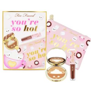 too faced you’re so hot bronzer and lip gloss set:: hot cocoa face bronzer, christmas cocoa lip injection power plumping lip gloss, and makeup bag
