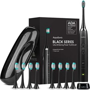 aquasonic black series ultra whitening toothbrush – ada accepted power toothbrush – 8 brush heads & travel case – 40,000 vpm electric motor & wireless charging – 4 modes w smart timer