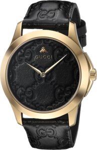gucci gold-tone and leather casual black watch(model: ya1264034)
