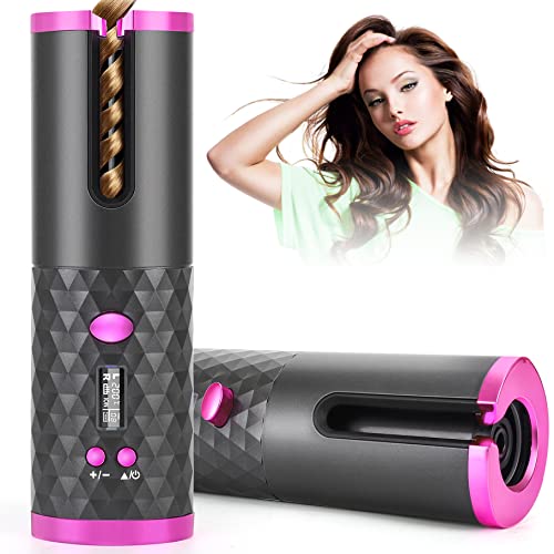 Automatic Hair Curler, Wireless Hair Curling Wand USB Rechargeable, LCD Display 6 Temperature Setting,Portable Cordless Hair Styler for Long & Short Hair, Travel & Home Use (Gray)