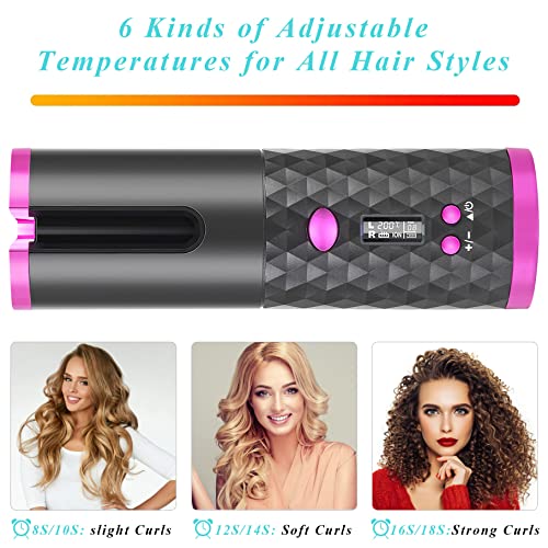 Automatic Hair Curler, Wireless Hair Curling Wand USB Rechargeable, LCD Display 6 Temperature Setting,Portable Cordless Hair Styler for Long & Short Hair, Travel & Home Use (Gray)