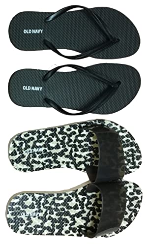 Old Navy Women Beach Summer Casual Flip Flop Sandals (7 Big Leopard Slide & Black Flip Flops)