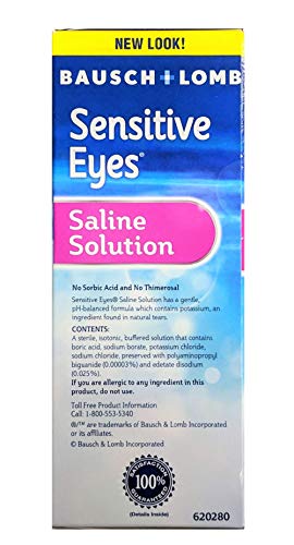 Contact Lens Solution by Bausch & Lomb, Sensitive Eyes Solution for Soft Contact & Gas Permeable Lenses, Saline Solution with Potassium, 12 Fl Oz (Pack of 2)